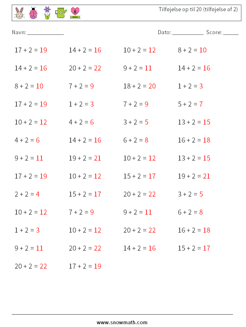 (50) Tilføjelse op til 20 (tilføjelse af 2) Matematiske regneark 5 Spørgsmål, svar