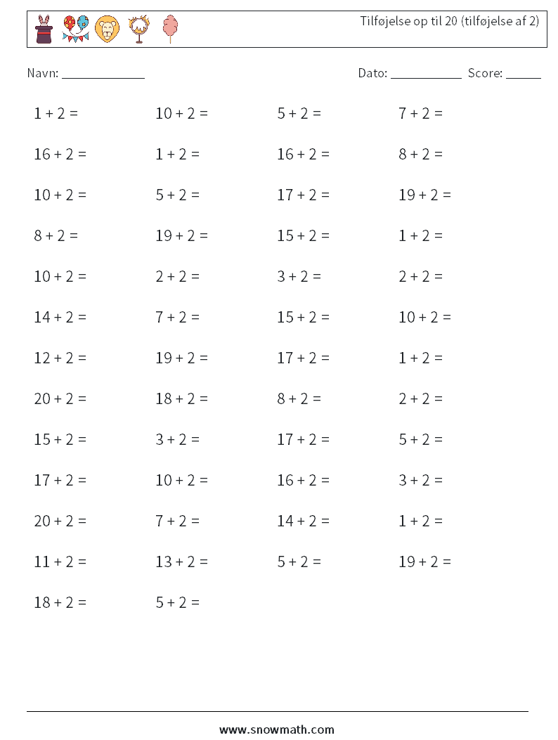 (50) Tilføjelse op til 20 (tilføjelse af 2) Matematiske regneark 7