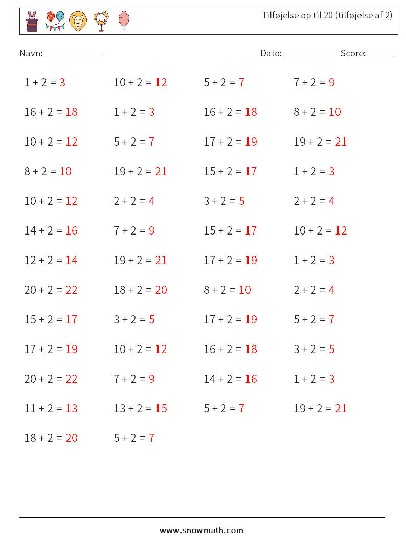 (50) Tilføjelse op til 20 (tilføjelse af 2) Matematiske regneark 7 Spørgsmål, svar