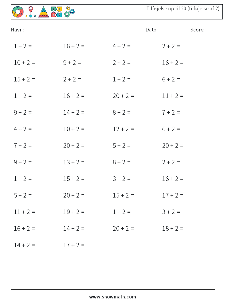 (50) Tilføjelse op til 20 (tilføjelse af 2) Matematiske regneark 9