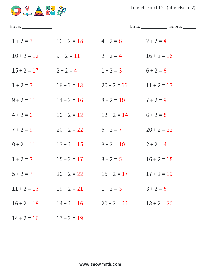 (50) Tilføjelse op til 20 (tilføjelse af 2) Matematiske regneark 9 Spørgsmål, svar