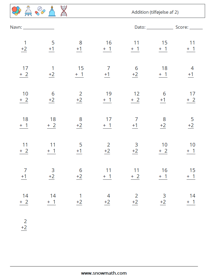 (50) Addition (tilføjelse af 2) Matematiske regneark 1