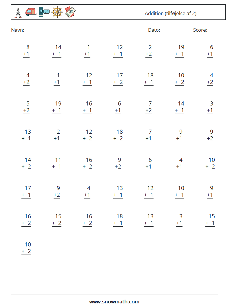 (50) Addition (tilføjelse af 2) Matematiske regneark 11