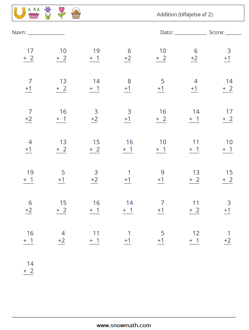 (50) Addition (tilføjelse af 2) Matematiske regneark 13