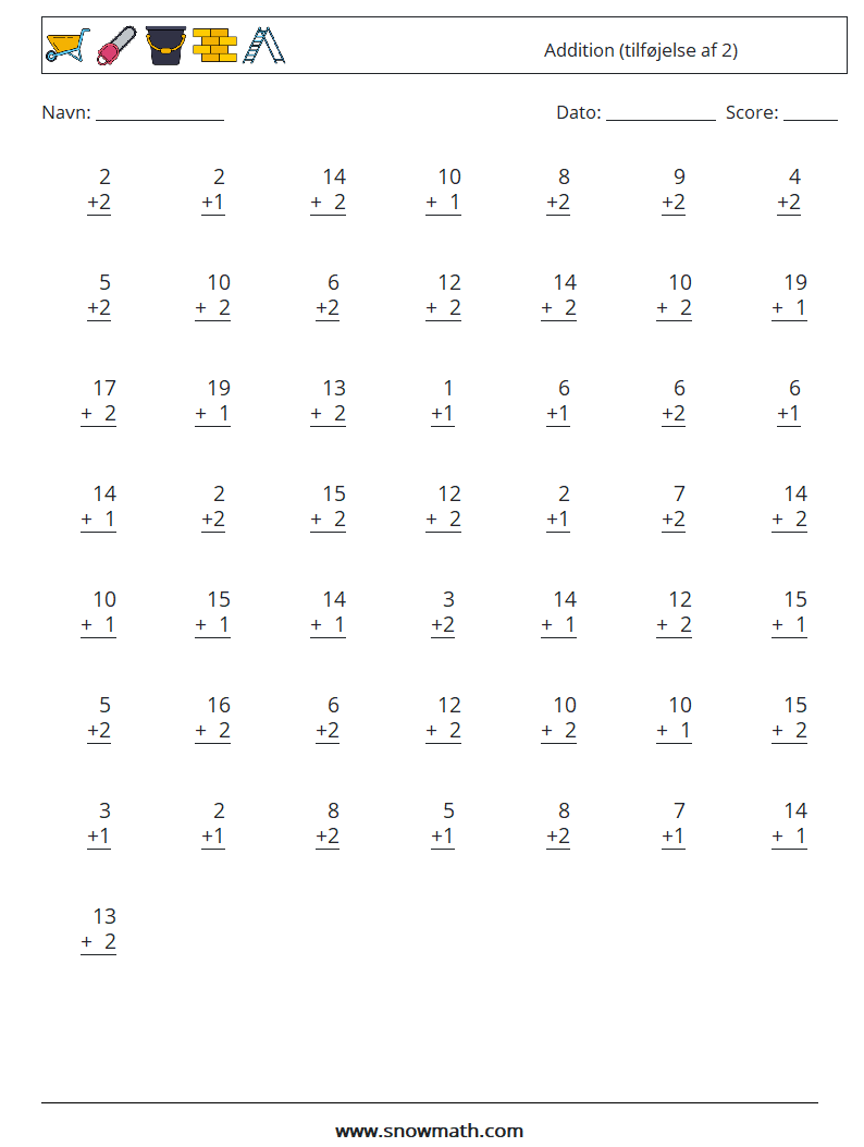 (50) Addition (tilføjelse af 2) Matematiske regneark 14