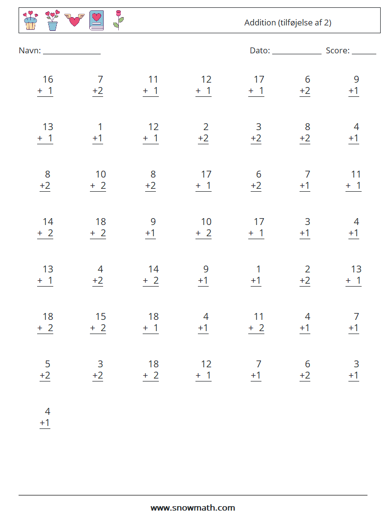 (50) Addition (tilføjelse af 2) Matematiske regneark 15