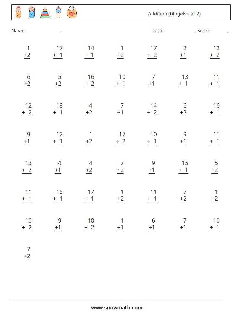 (50) Addition (tilføjelse af 2) Matematiske regneark 16