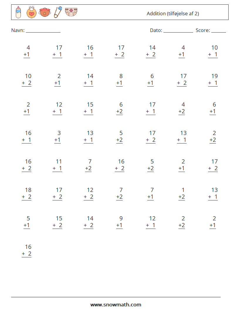 (50) Addition (tilføjelse af 2) Matematiske regneark 17