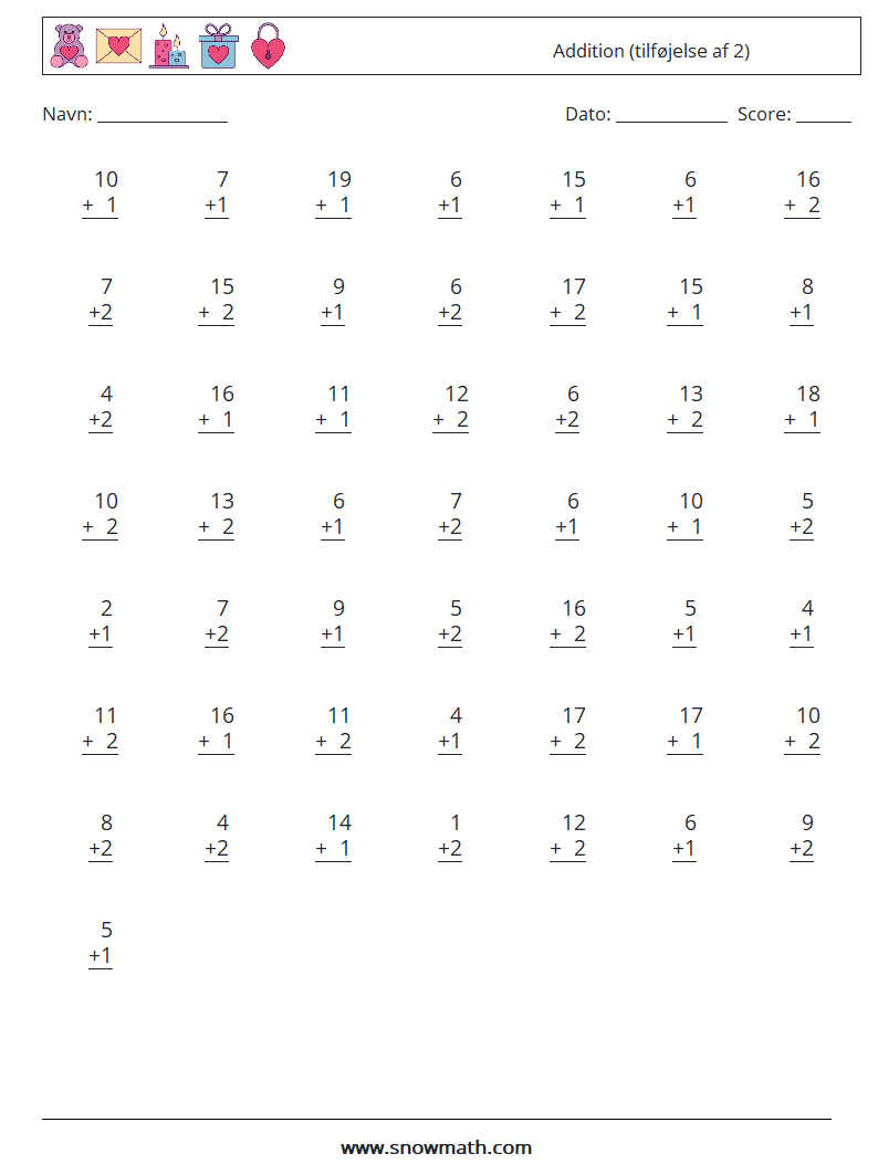 (50) Addition (tilføjelse af 2) Matematiske regneark 18