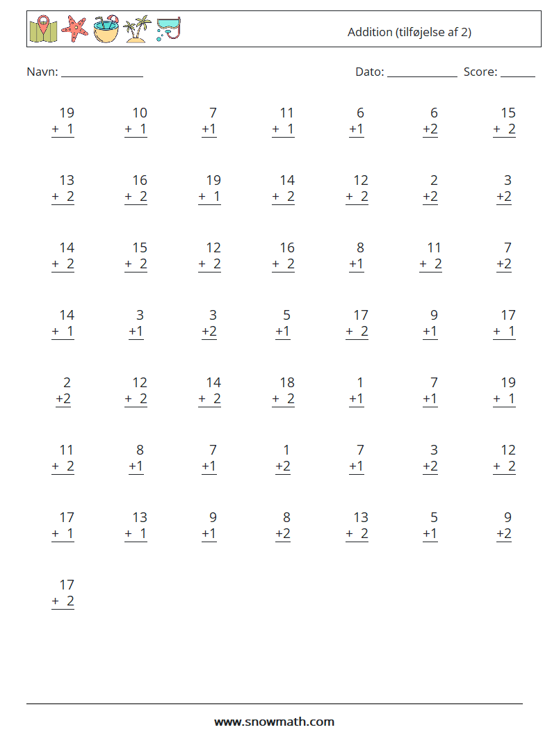 (50) Addition (tilføjelse af 2) Matematiske regneark 2