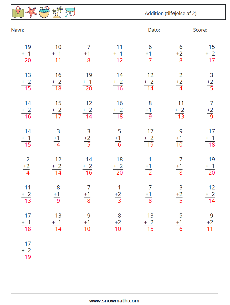 (50) Addition (tilføjelse af 2) Matematiske regneark 2 Spørgsmål, svar