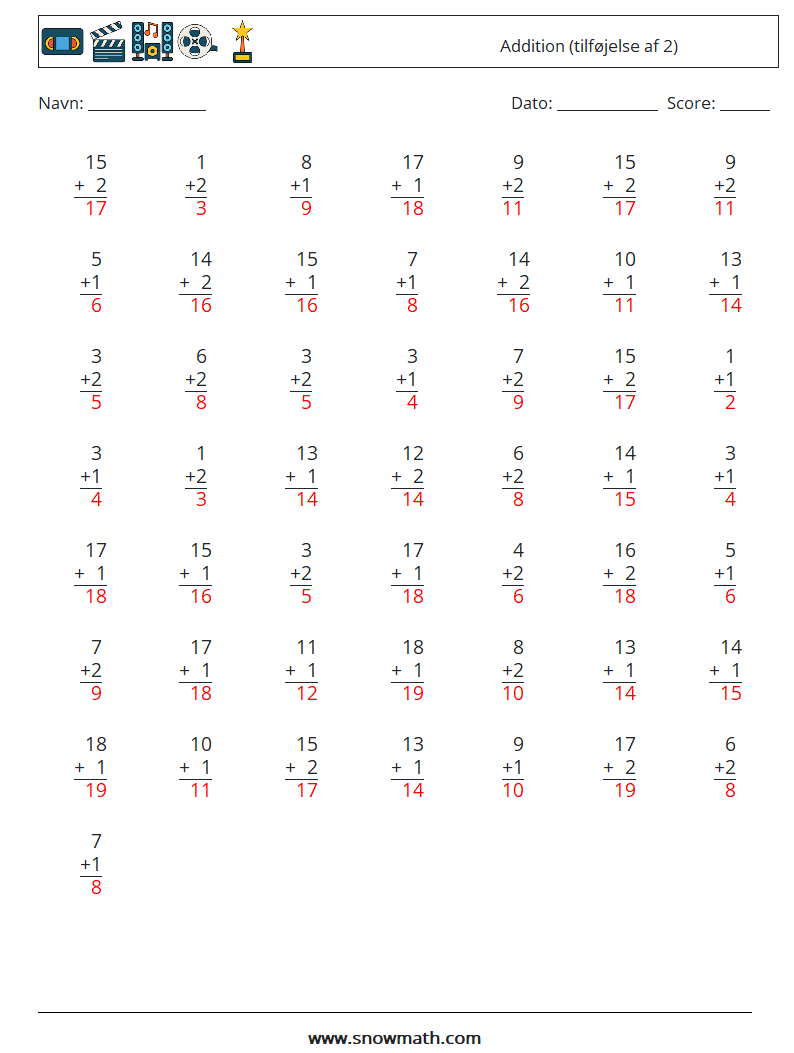 (50) Addition (tilføjelse af 2) Matematiske regneark 3 Spørgsmål, svar