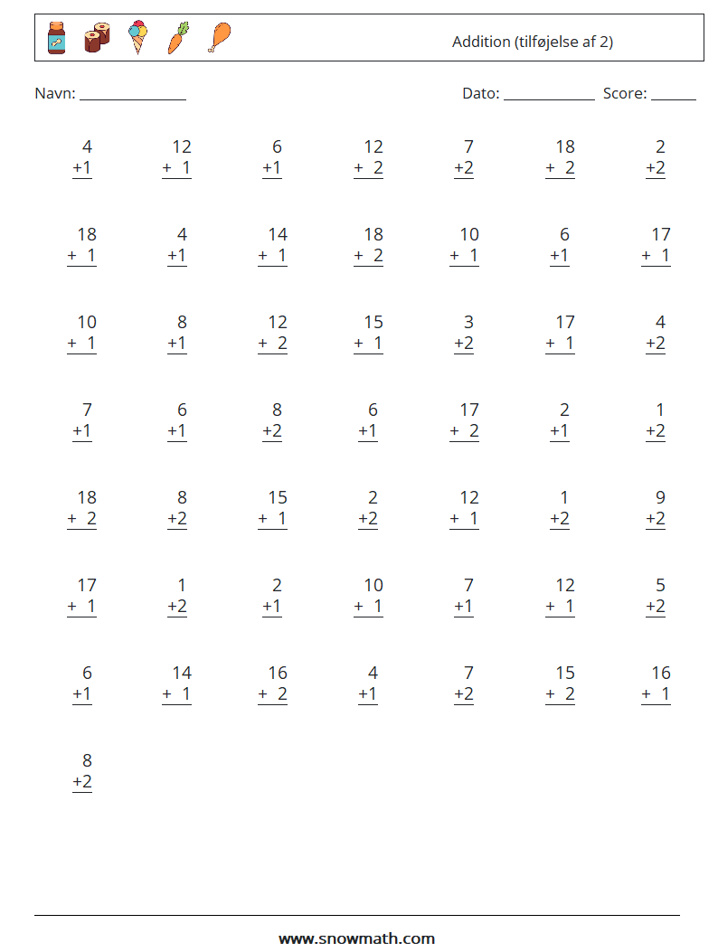 (50) Addition (tilføjelse af 2) Matematiske regneark 4