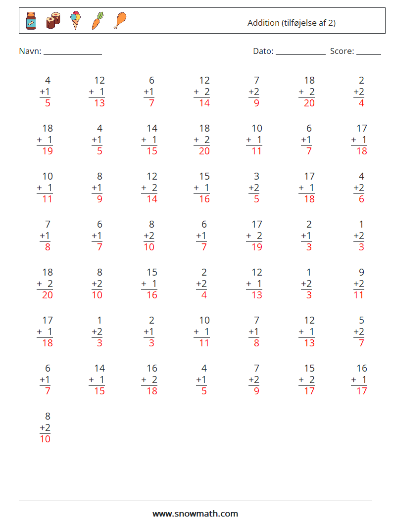 (50) Addition (tilføjelse af 2) Matematiske regneark 4 Spørgsmål, svar