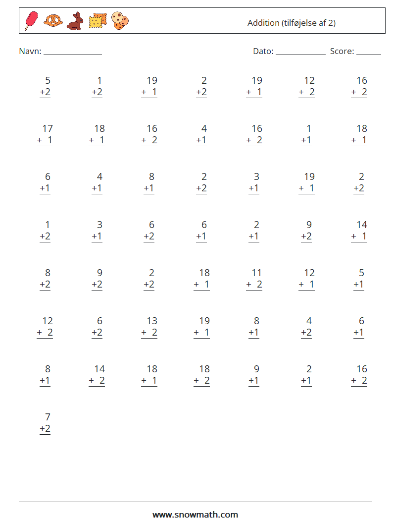 (50) Addition (tilføjelse af 2) Matematiske regneark 5