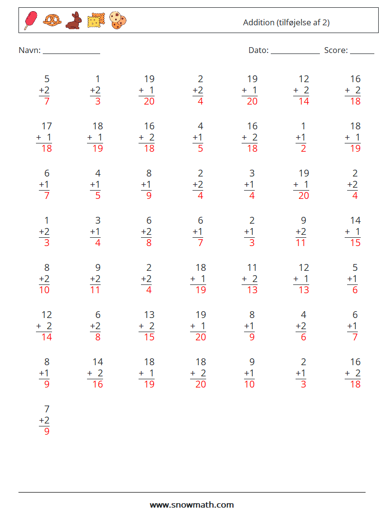 (50) Addition (tilføjelse af 2) Matematiske regneark 5 Spørgsmål, svar