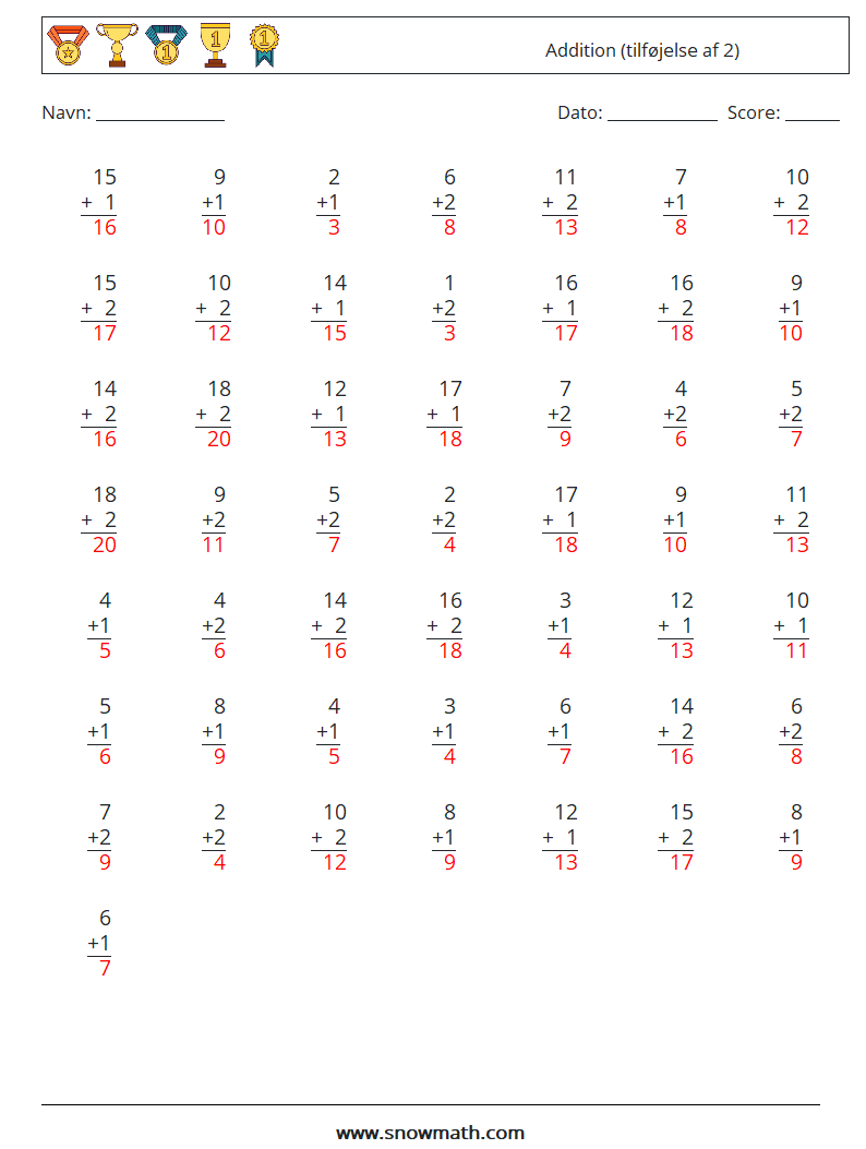 (50) Addition (tilføjelse af 2) Matematiske regneark 6 Spørgsmål, svar