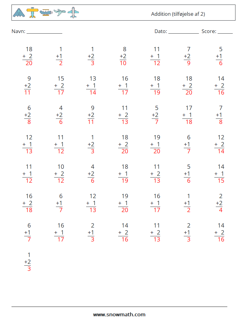 (50) Addition (tilføjelse af 2) Matematiske regneark 7 Spørgsmål, svar