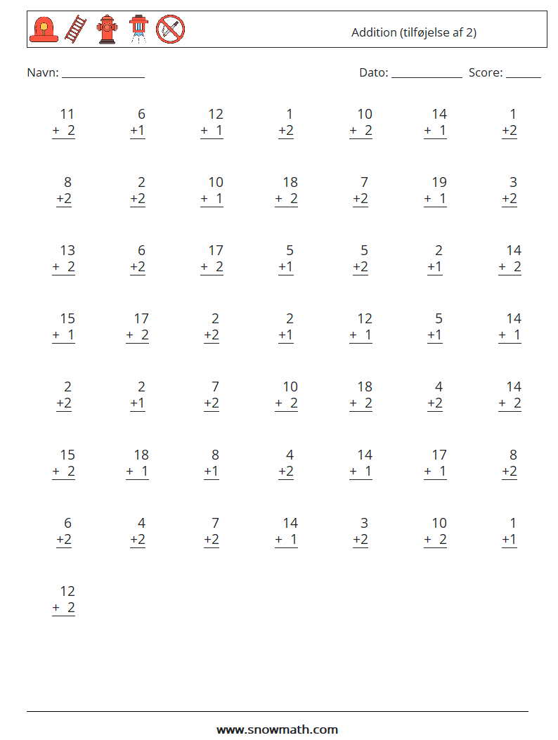 (50) Addition (tilføjelse af 2) Matematiske regneark 9