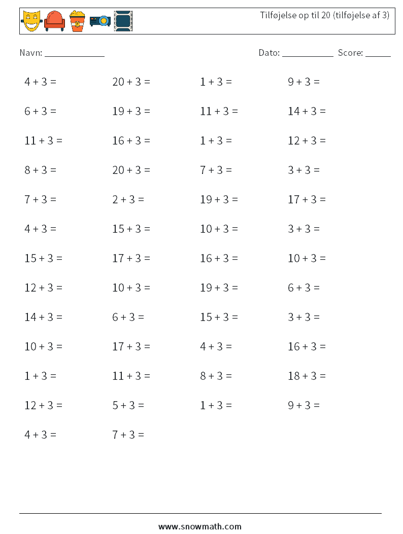 (50) Tilføjelse op til 20 (tilføjelse af 3) Matematiske regneark 1