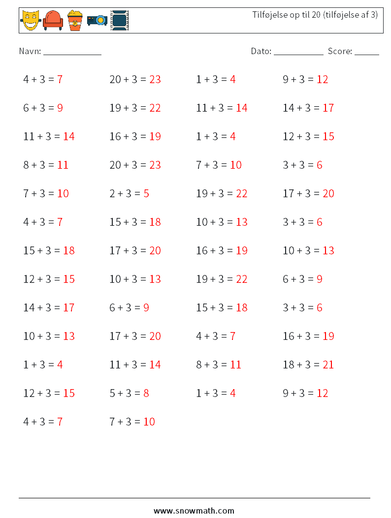 (50) Tilføjelse op til 20 (tilføjelse af 3) Matematiske regneark 1 Spørgsmål, svar