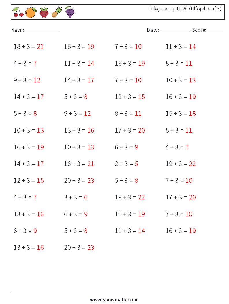 (50) Tilføjelse op til 20 (tilføjelse af 3) Matematiske regneark 4 Spørgsmål, svar