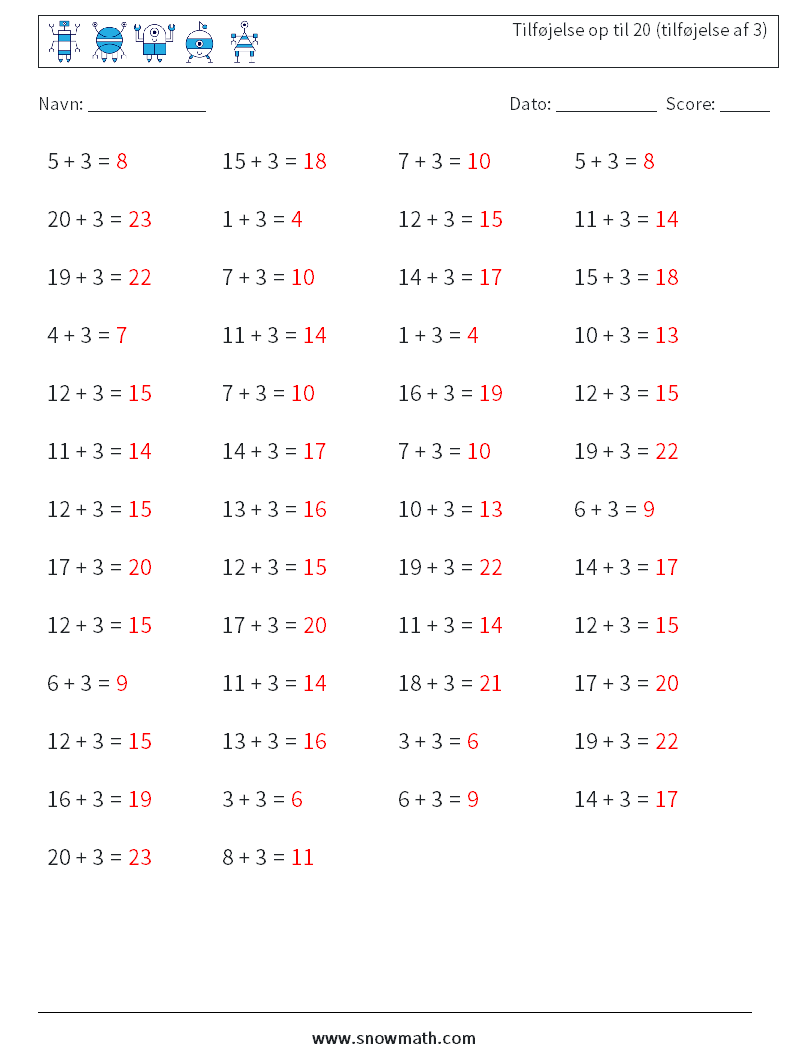 (50) Tilføjelse op til 20 (tilføjelse af 3) Matematiske regneark 5 Spørgsmål, svar