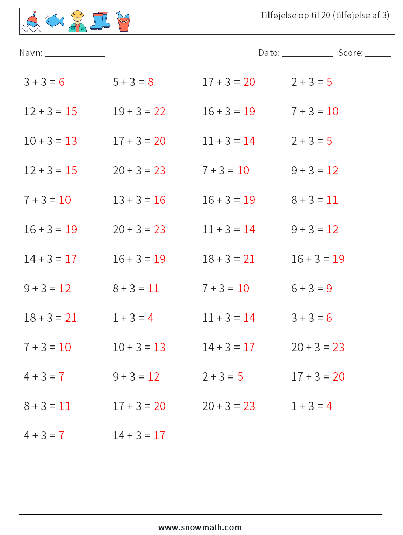 (50) Tilføjelse op til 20 (tilføjelse af 3) Matematiske regneark 6 Spørgsmål, svar