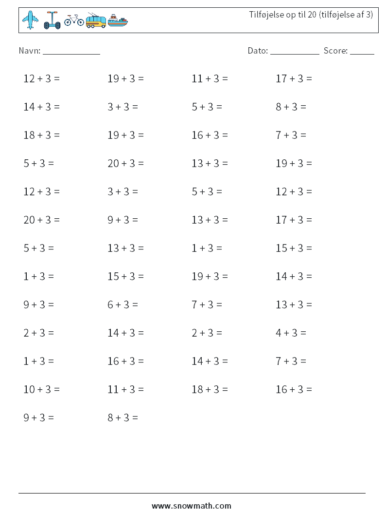 (50) Tilføjelse op til 20 (tilføjelse af 3) Matematiske regneark 7