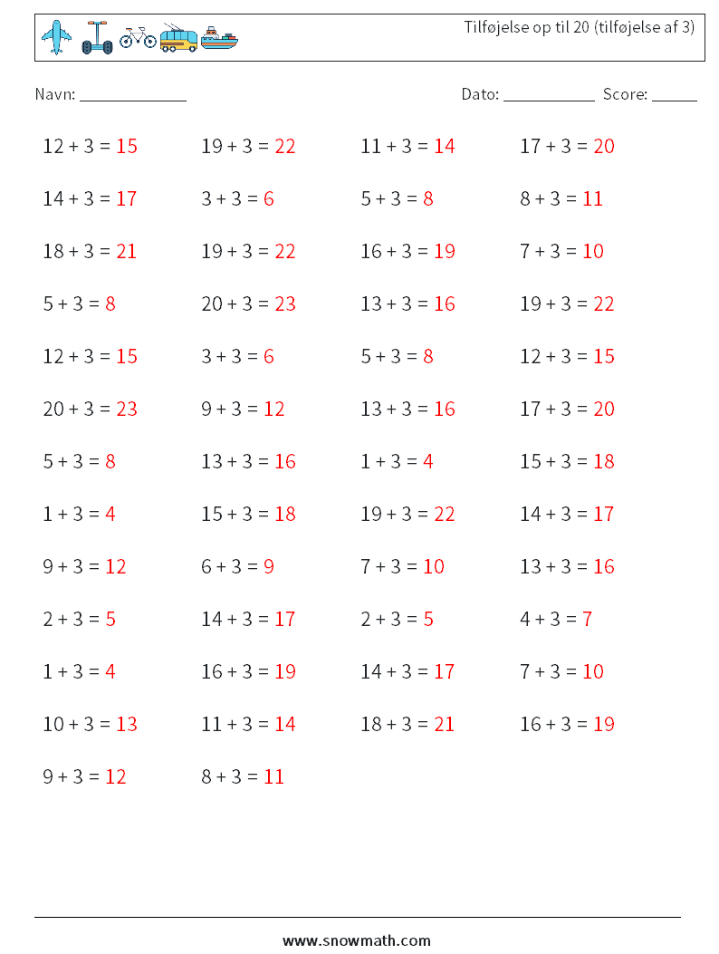 (50) Tilføjelse op til 20 (tilføjelse af 3) Matematiske regneark 7 Spørgsmål, svar