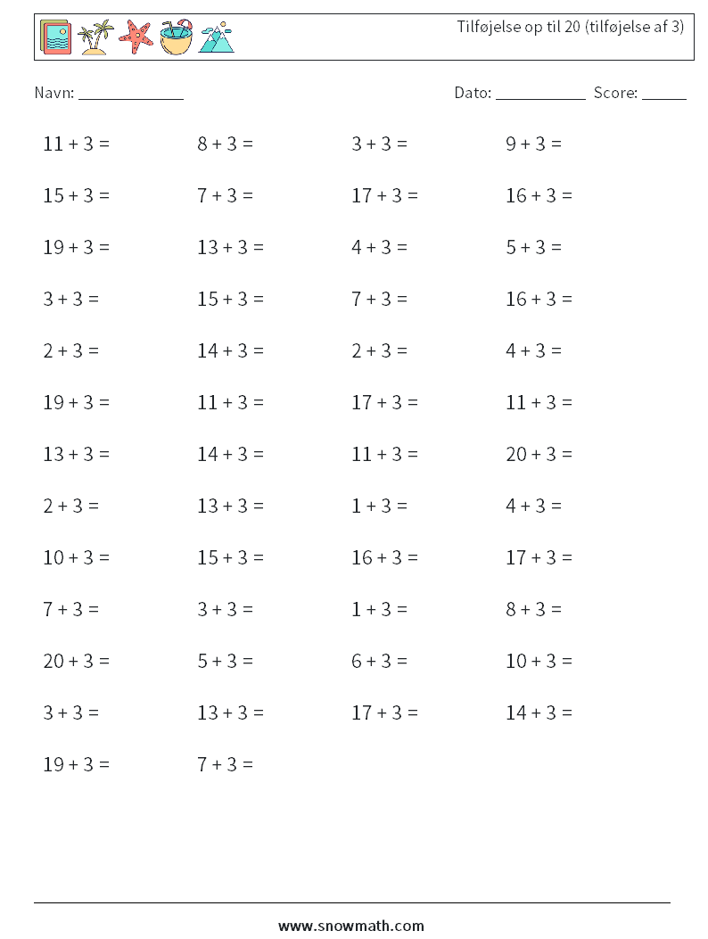 (50) Tilføjelse op til 20 (tilføjelse af 3) Matematiske regneark 8