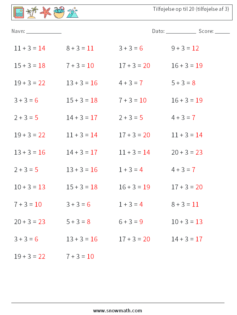 (50) Tilføjelse op til 20 (tilføjelse af 3) Matematiske regneark 8 Spørgsmål, svar