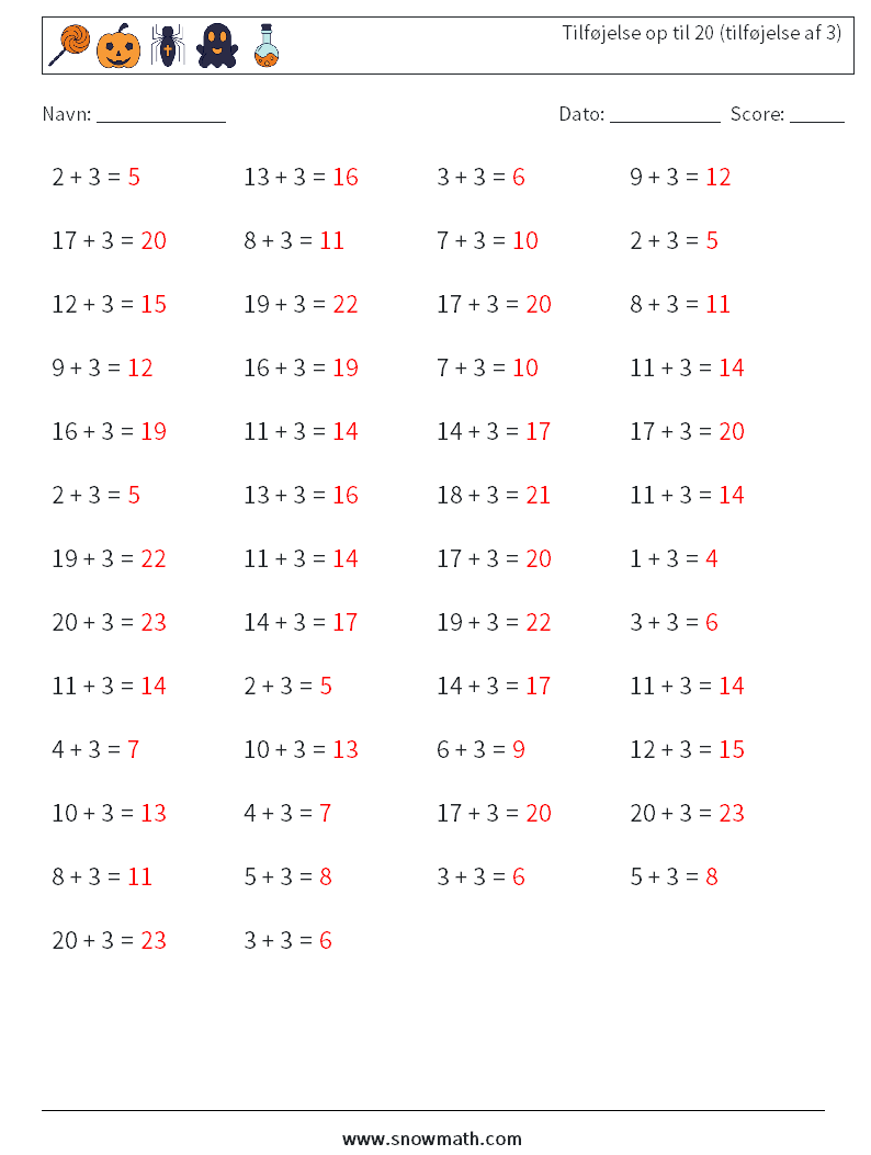 (50) Tilføjelse op til 20 (tilføjelse af 3) Matematiske regneark 9 Spørgsmål, svar