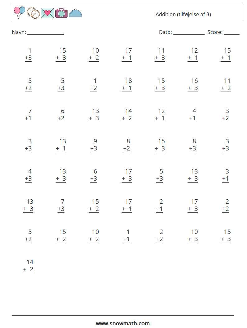 (50) Addition (tilføjelse af 3) Matematiske regneark 1