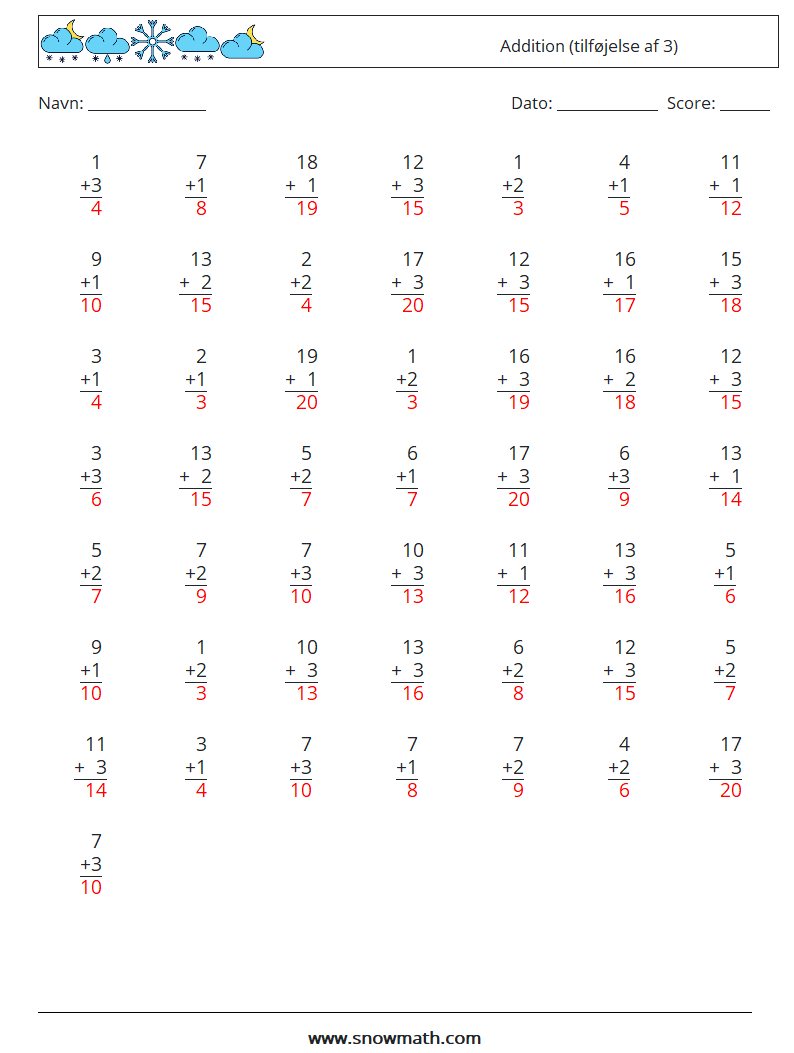 (50) Addition (tilføjelse af 3) Matematiske regneark 10 Spørgsmål, svar