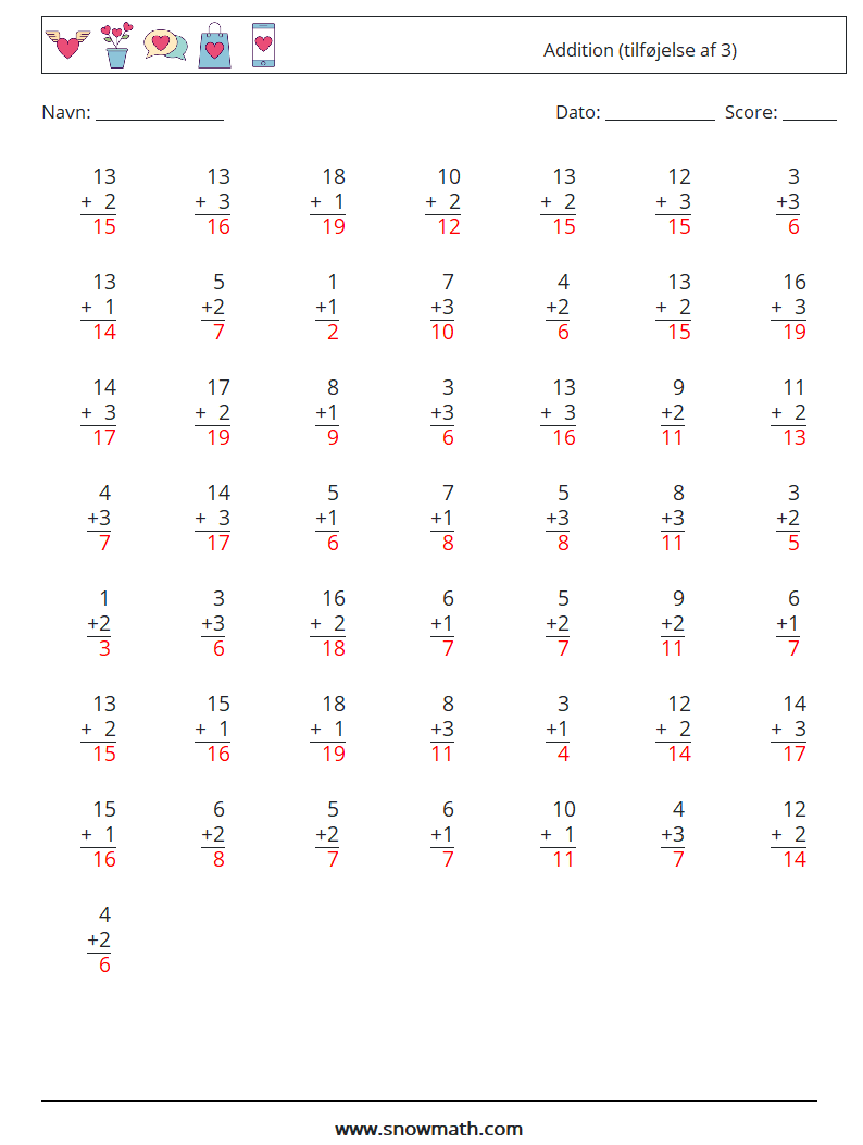 (50) Addition (tilføjelse af 3) Matematiske regneark 11 Spørgsmål, svar