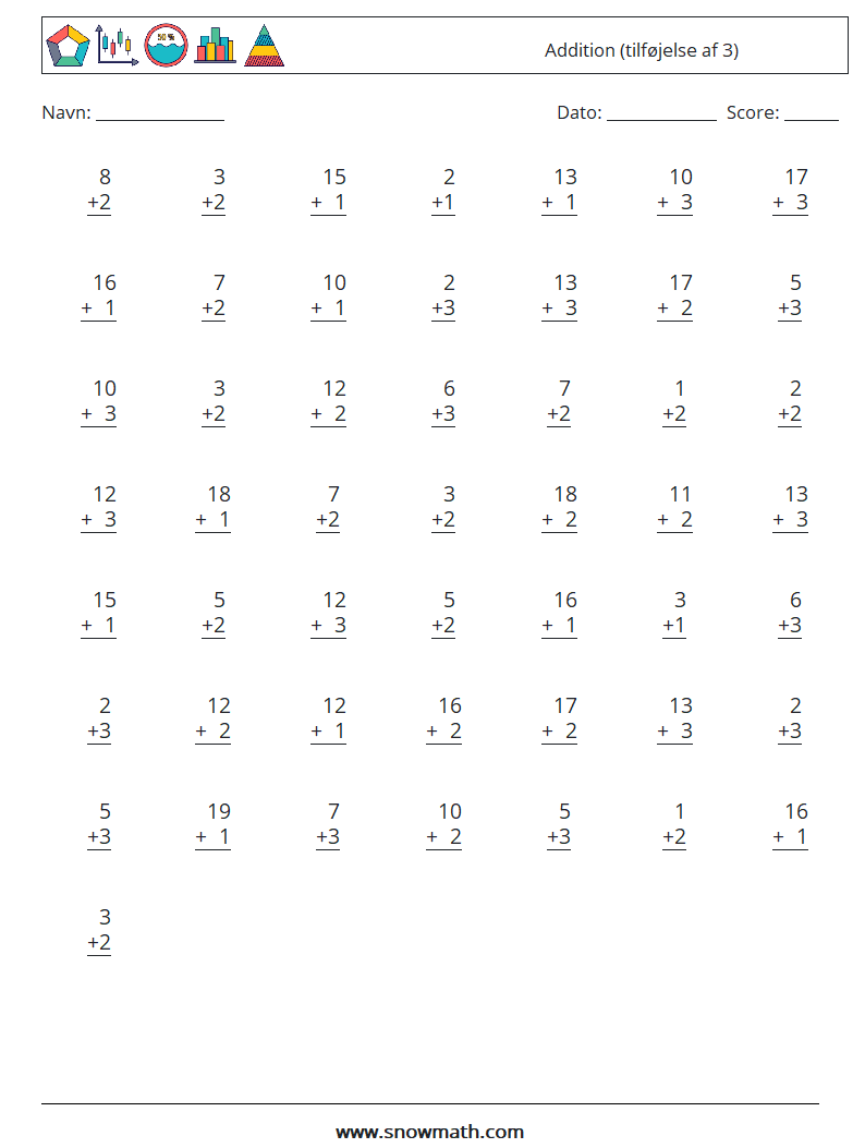 (50) Addition (tilføjelse af 3) Matematiske regneark 12