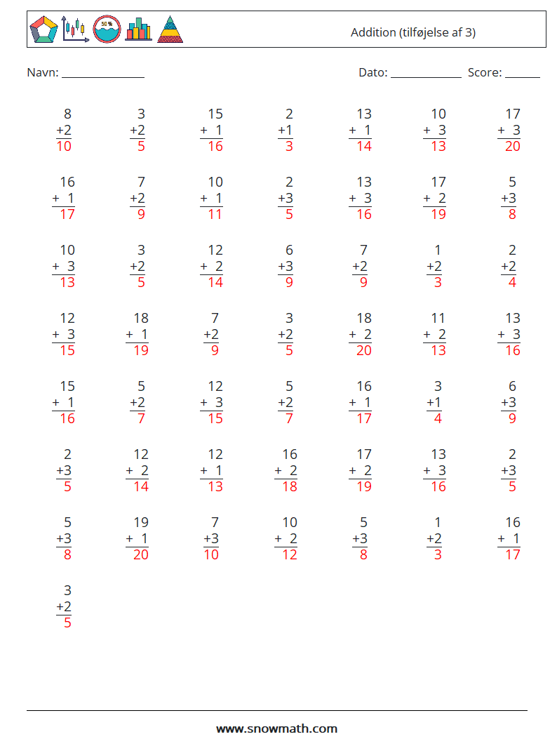 (50) Addition (tilføjelse af 3) Matematiske regneark 12 Spørgsmål, svar