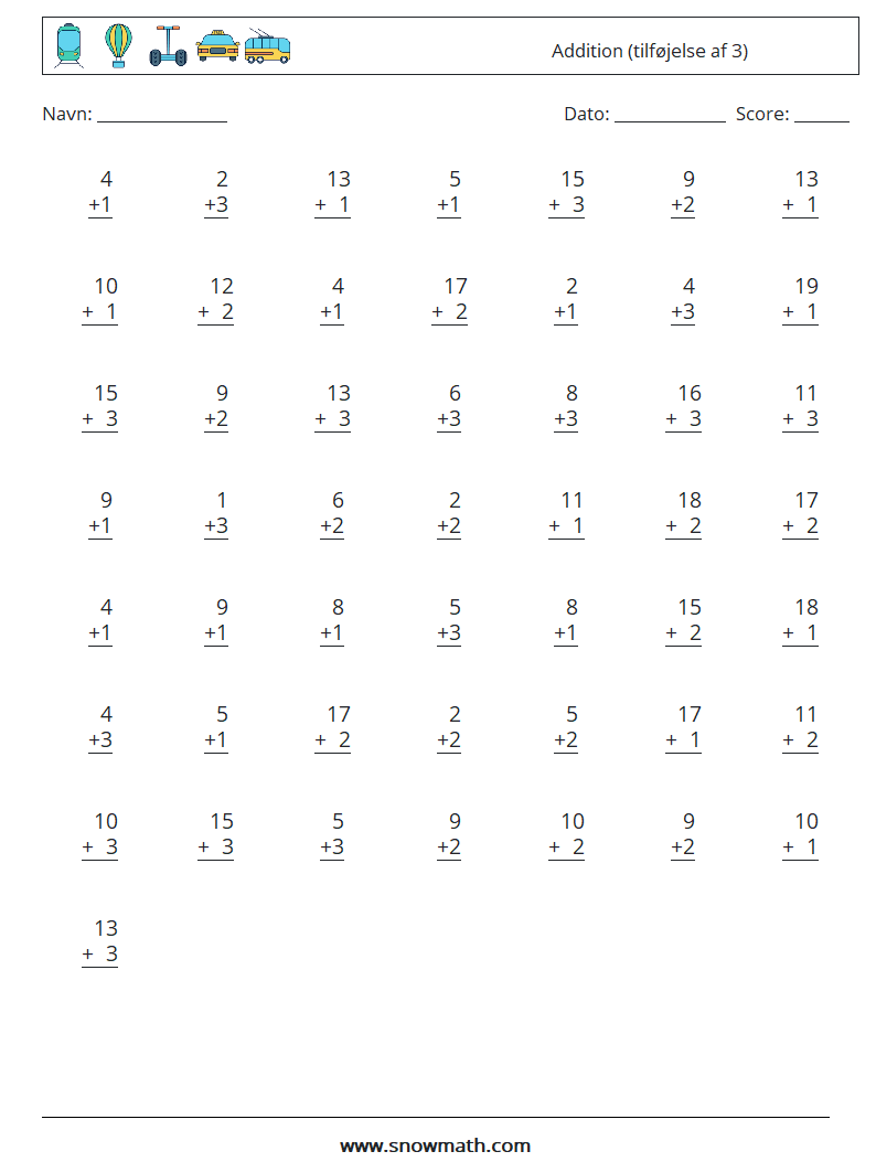 (50) Addition (tilføjelse af 3) Matematiske regneark 13