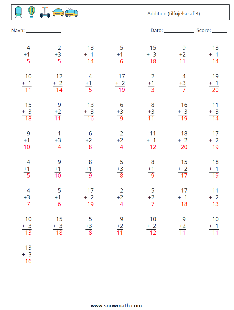 (50) Addition (tilføjelse af 3) Matematiske regneark 13 Spørgsmål, svar