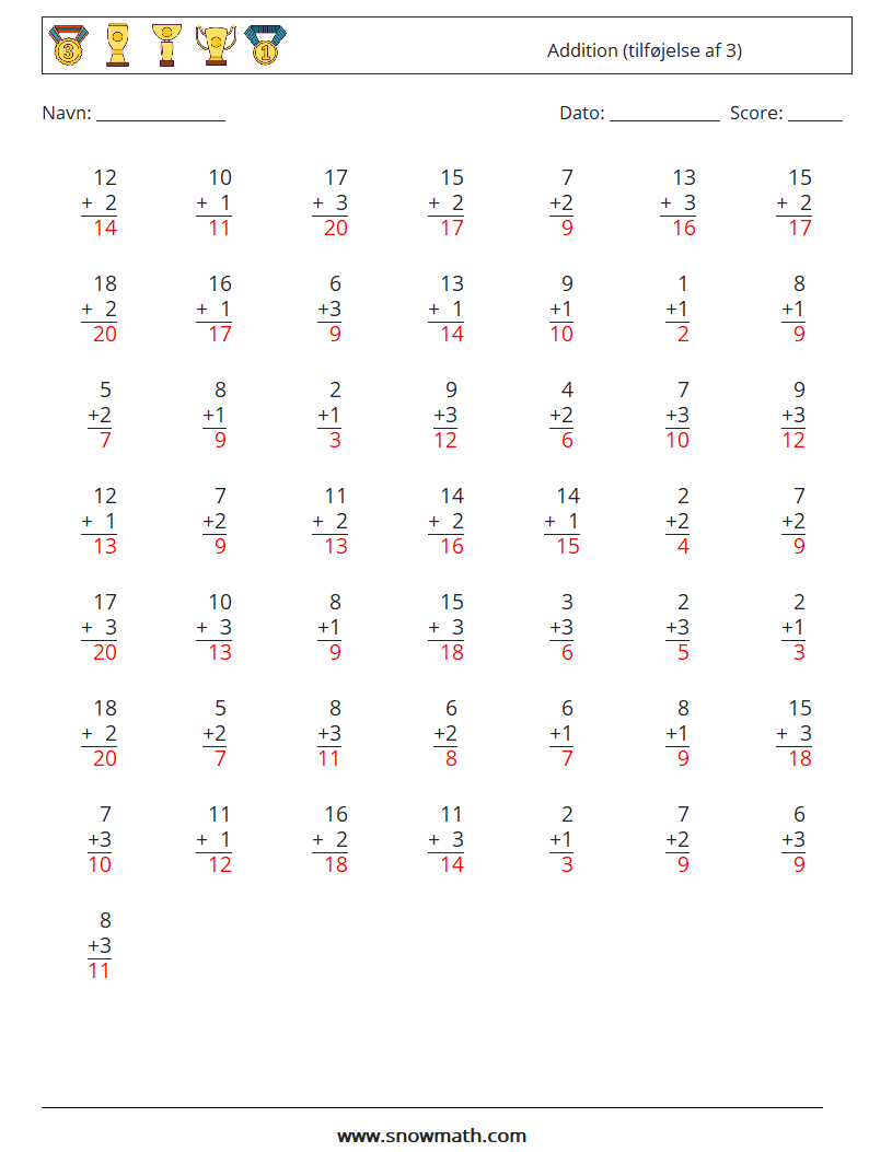 (50) Addition (tilføjelse af 3) Matematiske regneark 14 Spørgsmål, svar