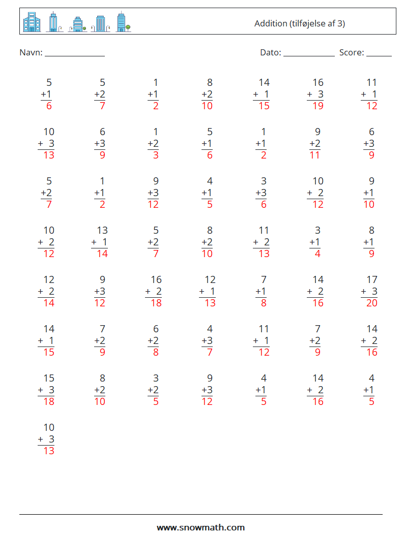 (50) Addition (tilføjelse af 3) Matematiske regneark 15 Spørgsmål, svar