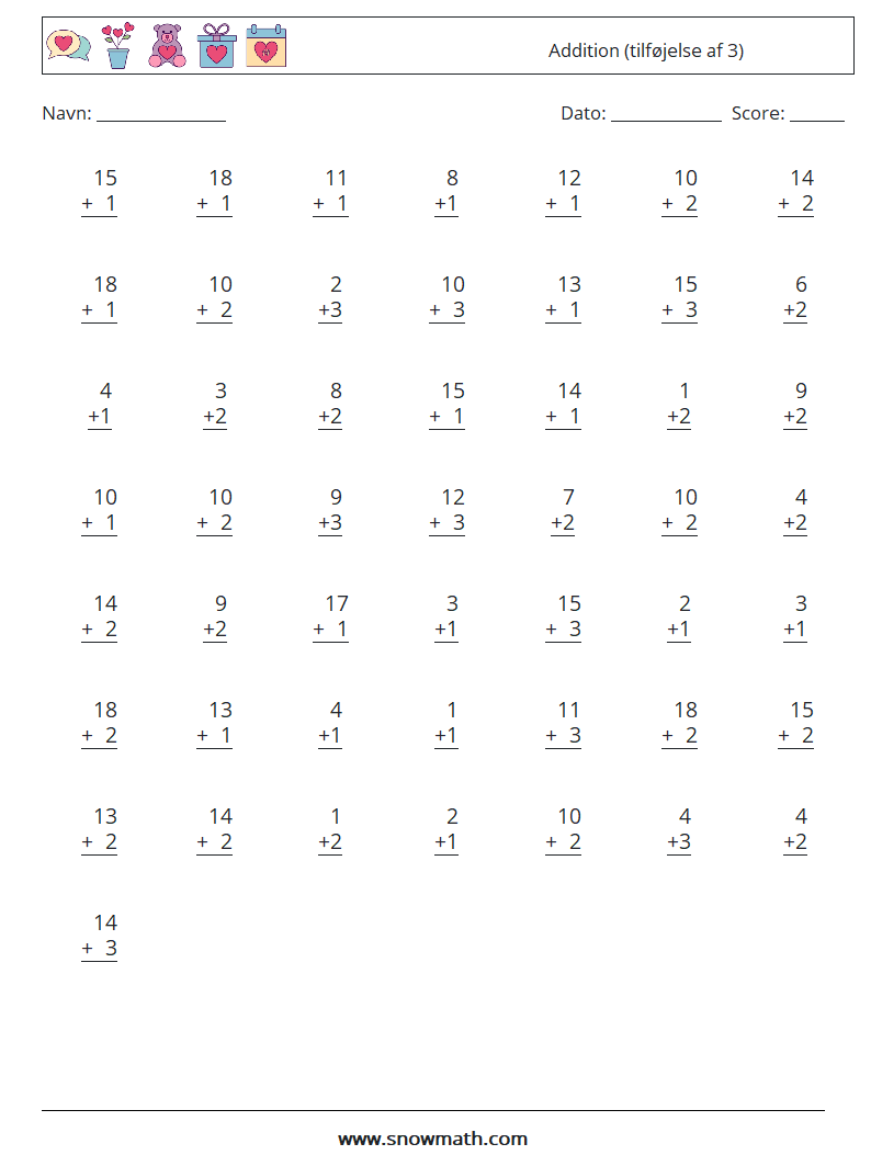 (50) Addition (tilføjelse af 3) Matematiske regneark 16