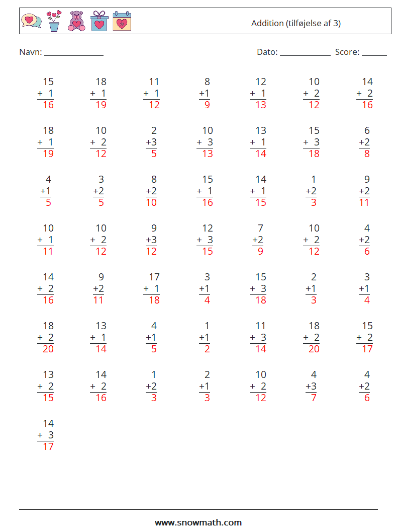 (50) Addition (tilføjelse af 3) Matematiske regneark 16 Spørgsmål, svar