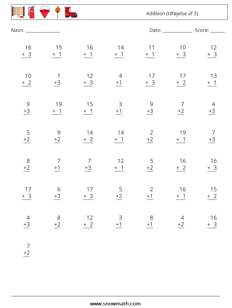 (50) Addition (tilføjelse af 3) Matematiske regneark 17