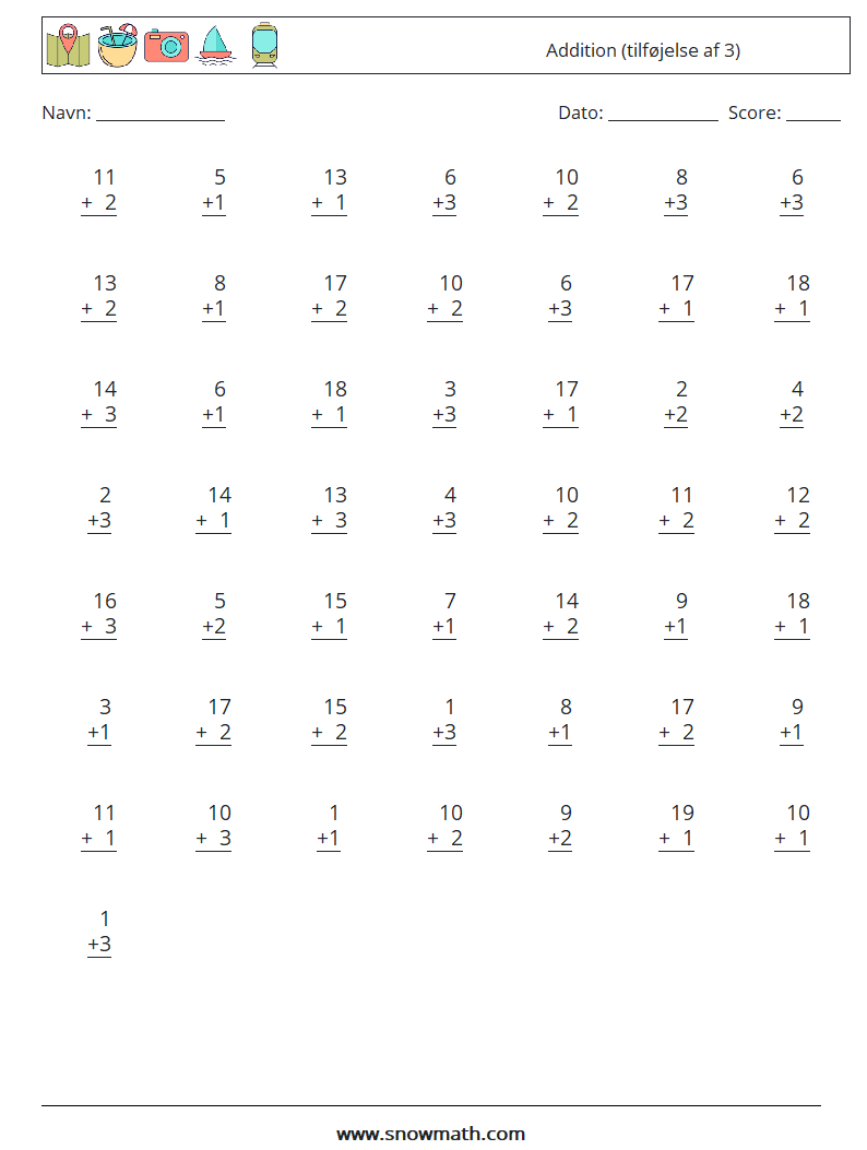 (50) Addition (tilføjelse af 3) Matematiske regneark 18