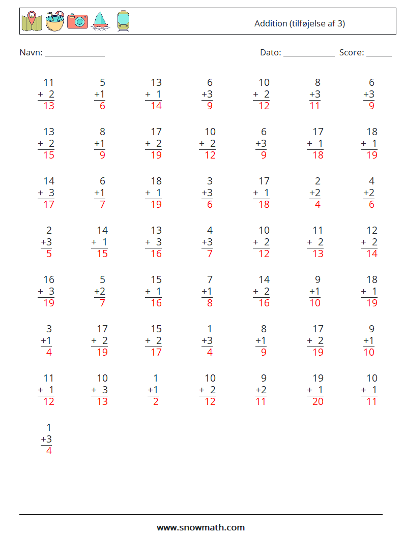 (50) Addition (tilføjelse af 3) Matematiske regneark 18 Spørgsmål, svar