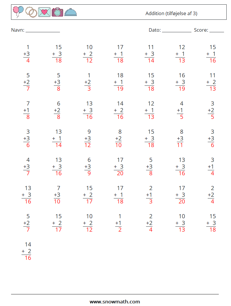 (50) Addition (tilføjelse af 3) Matematiske regneark 1 Spørgsmål, svar