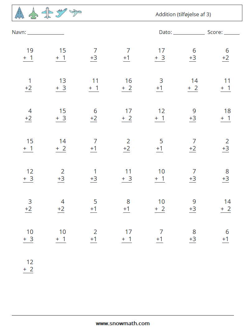 (50) Addition (tilføjelse af 3) Matematiske regneark 2