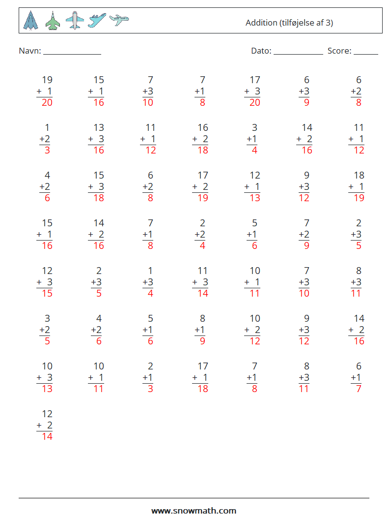 (50) Addition (tilføjelse af 3) Matematiske regneark 2 Spørgsmål, svar